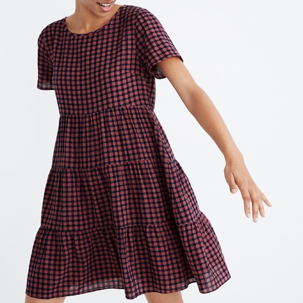 Short-Sleeve Tiered Mini Dress in Gingham Check